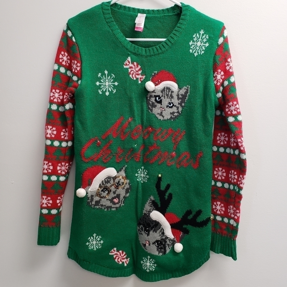 No Boundaries Kitty Cat Christmas Holiday Light Up Sweater Size Medium 7-9